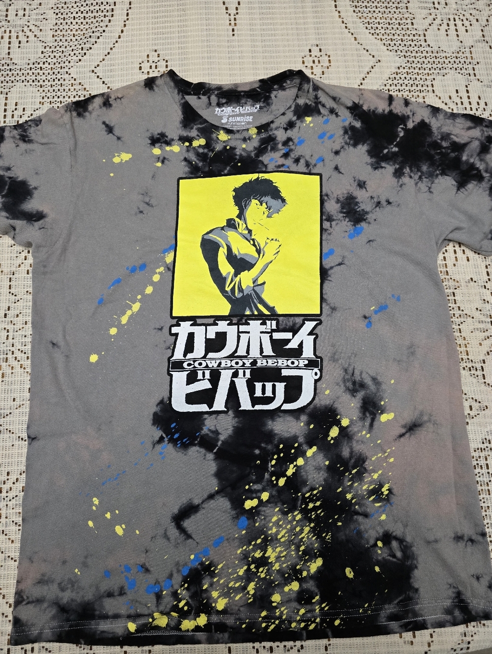 Cowboy Bebop Graphic Tie-Dye Tee - Gray with Yellow & Blue Print